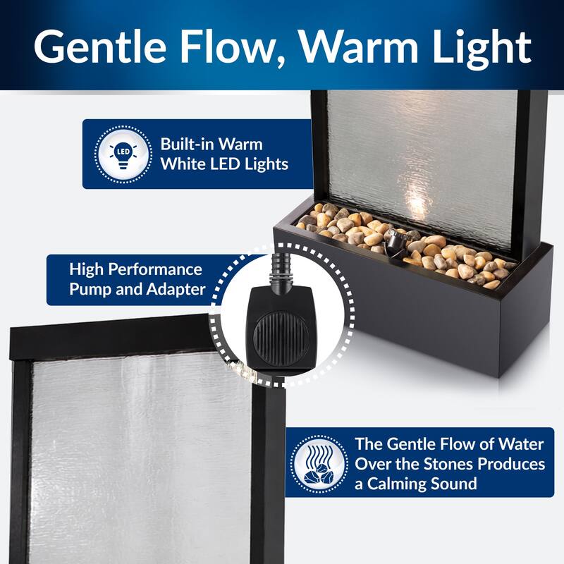 Alpine Corporation 72" Zen Mirror Waterfall Fountain with LED Lights and Stones