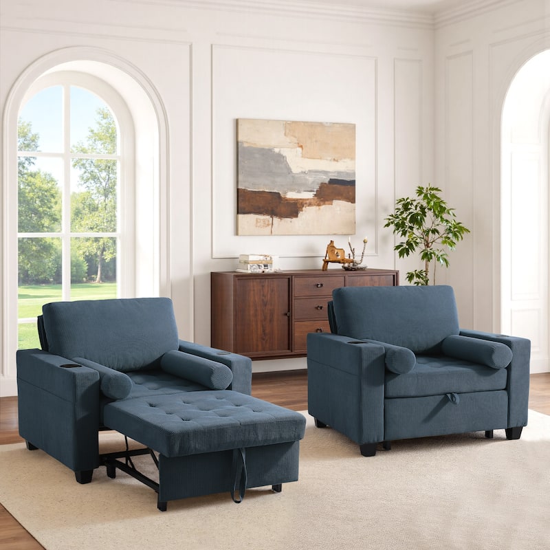 2 Set Convertible Adjustable Lounge 3-in-1 Pull-Out Sleeper Chair Bed - Navy