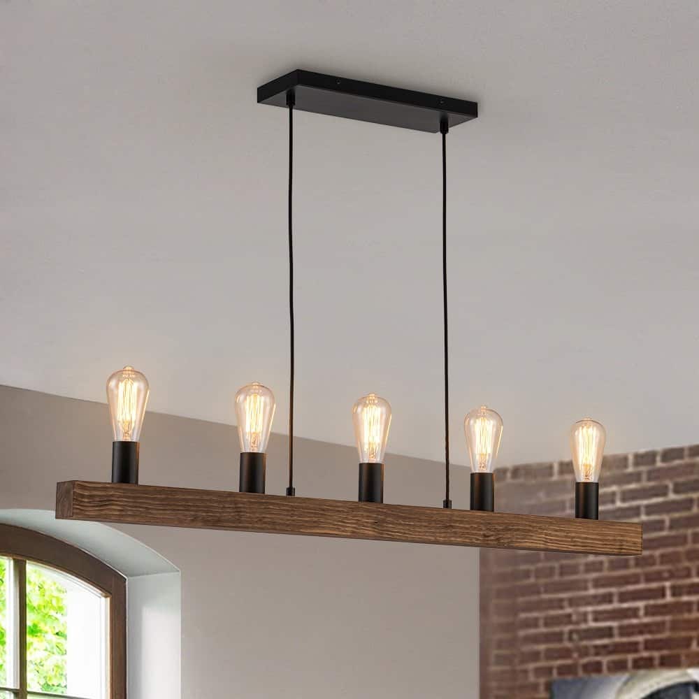 Rustic 5-Light Wood Beam Linear Chandelier - Matte Black & Brown Wood