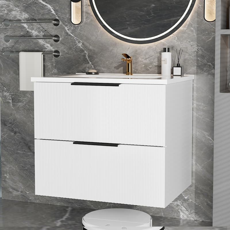 24 Inch Bathroom Vanity Cabinet With Ceramic Sink - Wall Mounted Floating Fluted Vanity With Drawers