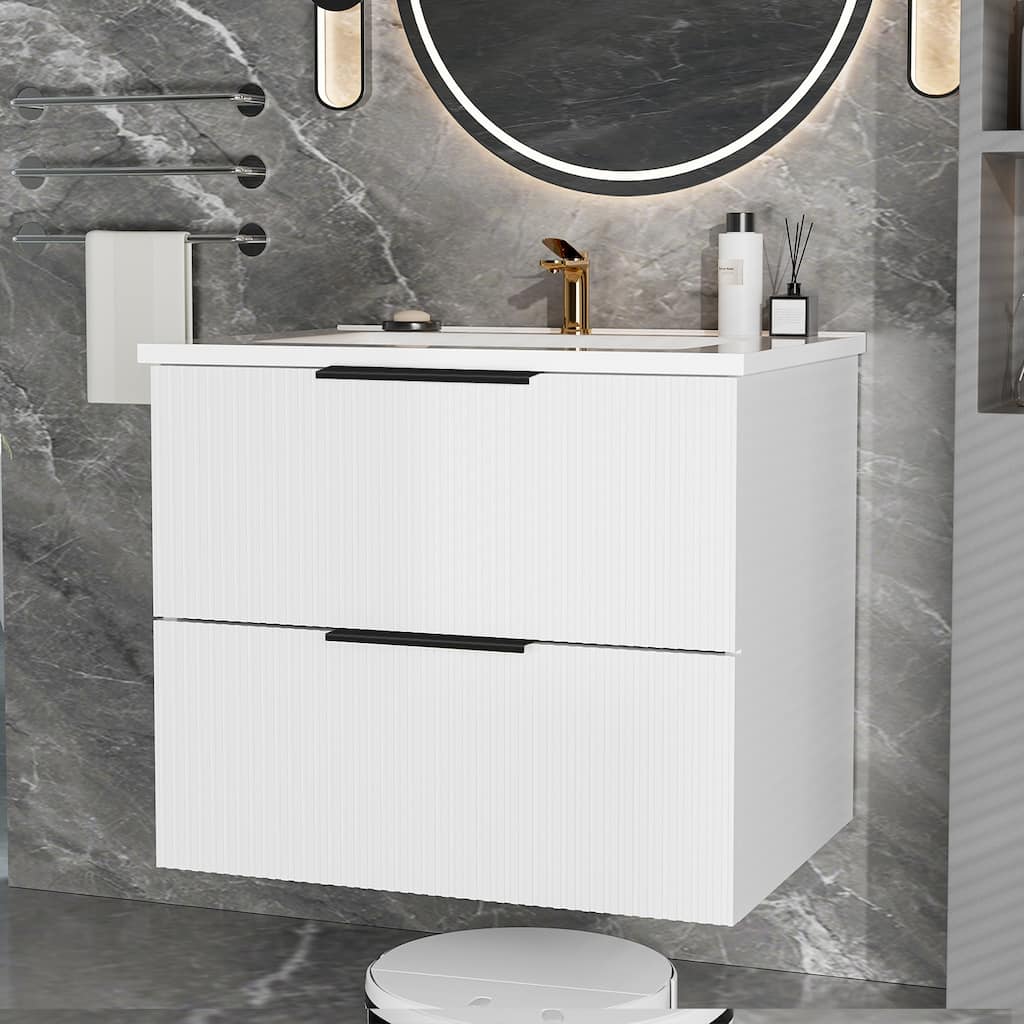 GDFStudio - Tylor Contemporary Bathroom Vanity with Ceramic Basin, Fluted Front & Wall-Mounted Design