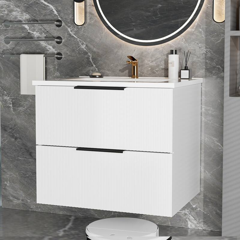 Modern Fluted Wall-Mounted Vanity with Ceramic Sink & Integrated Drawers - Matte White - 24 Inch