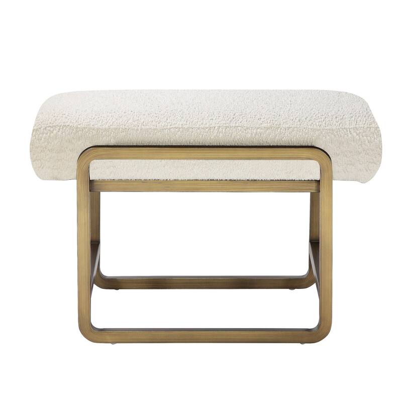 Loer 18 Inch Modern Accent Stool, Ivory Boucle Upholstery, Sled Brass Legs