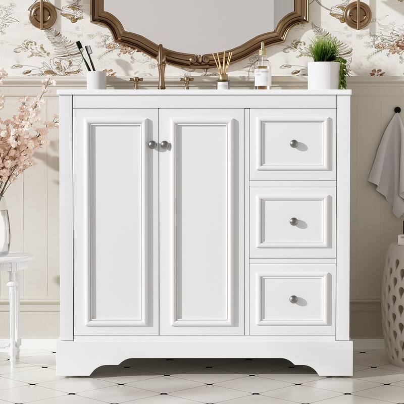 36" Transitional Bathroom Vanity with Ceramic Sink - 2 Soft-Close Doors, 3 Drawers (1 Divided), U-Shaped Shelf, Painted Finish