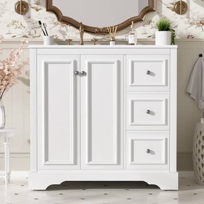36'' Bathroom Vanity with ceramic sink Bathroom Storage Cabinet with Adjustable U-shaped shelf and 3 drawers