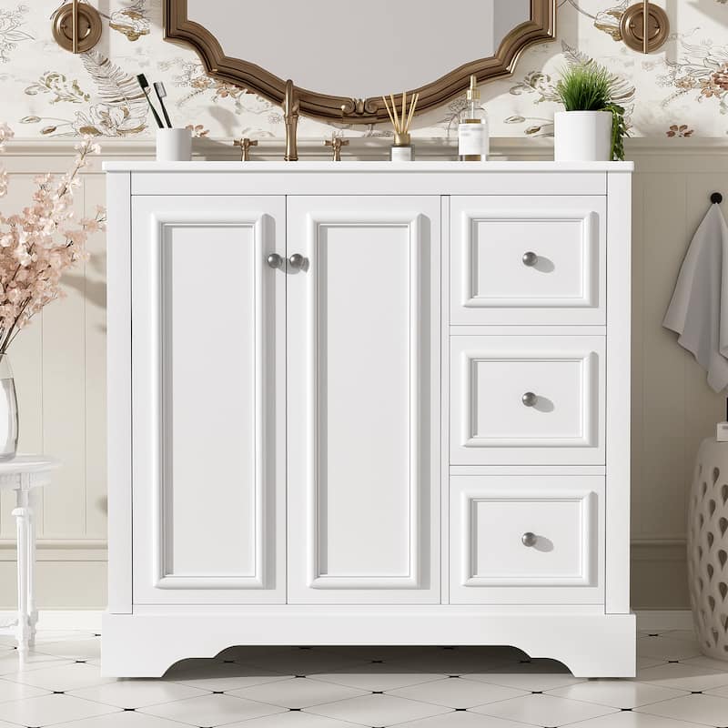 Roomfitters 36" Transitional Bathroom Vanity with Ceramic Sink, 2 Soft-Close Doors, Adjustable Shelf and 3 Drawers - White