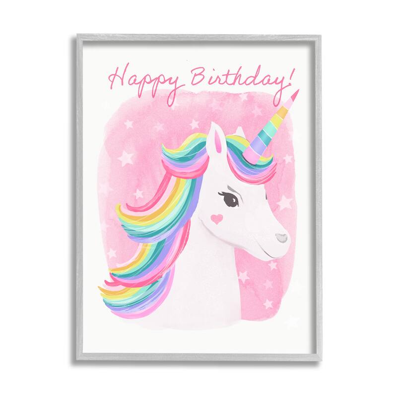 Stupell Happy Birthday Unicorn Framed Giclee Art Design by Diane Neukirch - 16 x 20 - Grey