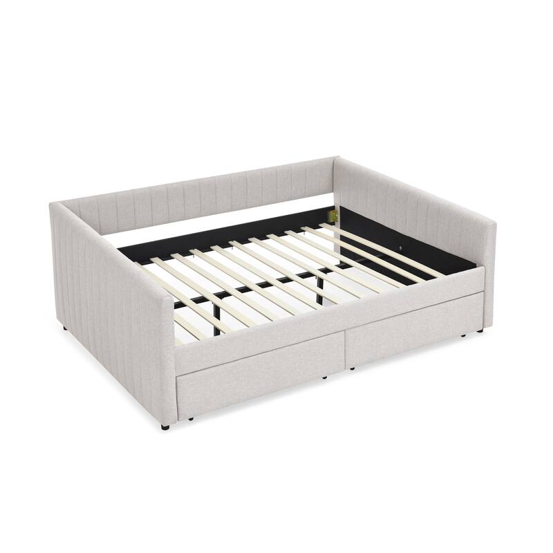 Queen Size Daybed with Two Drawers Trundle Upholstered Sofa Bed