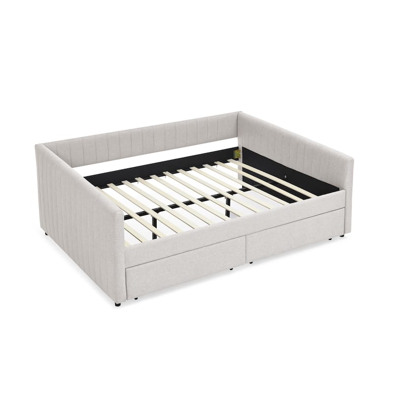 Roomfitters Queen Upholstered Daybed with Trundle and Storage Drawers, Vertical Striped Linen Sofa Bed