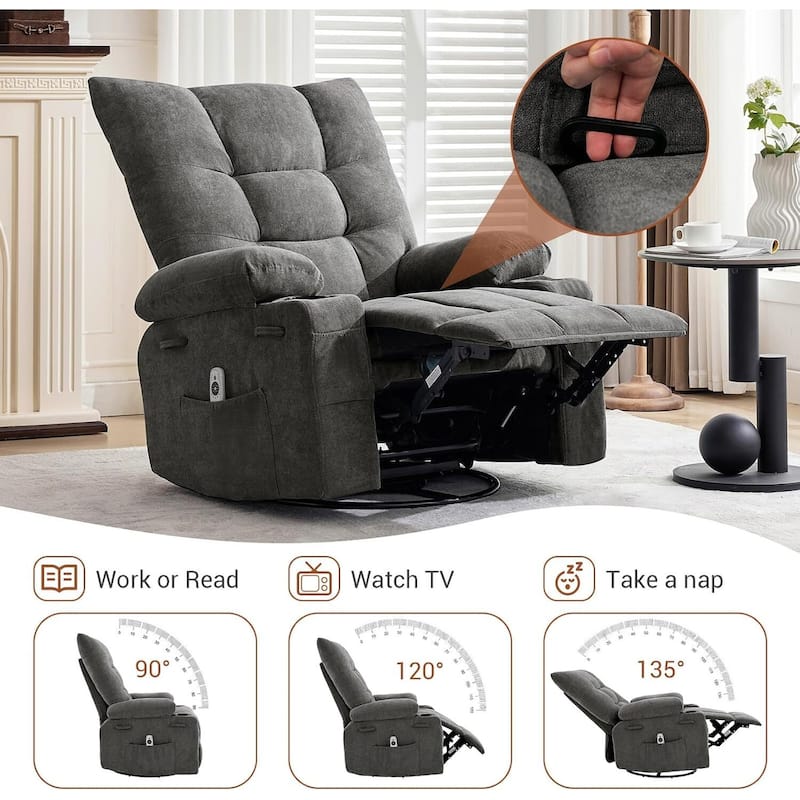 Swivel Rocker Recliner Chair, with Massage and Heat and Side Pocket