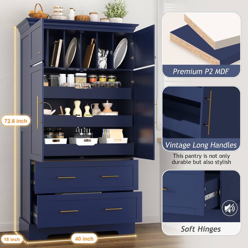 Roomfitters 73 Inch Large Kitchen Pantry with 4 Doors, Pull-Out Trays and Cake Pan Organizer