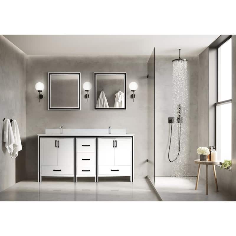 Ziva 72 in W x 22 in D White Double Bath Vanity, White Quartz Top, Faucet Set and 30 in Mirrors