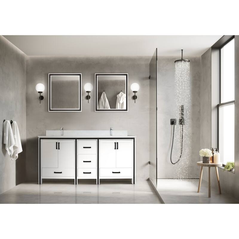 Ziva 72 in W x 22 in D White Double Bath Vanity, White Quartz Top and 30 in Mirrors