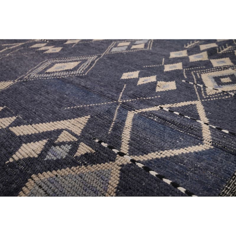 Geometric Blue Moroccan Oriental Area Rug Hand-Knotted Wool Carpet - 7'9" x 12'9"