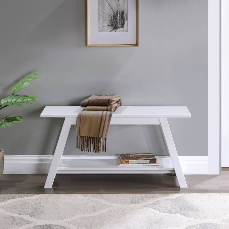 Solid Wood Bench with Shelf, 36.10-Inch Long, White