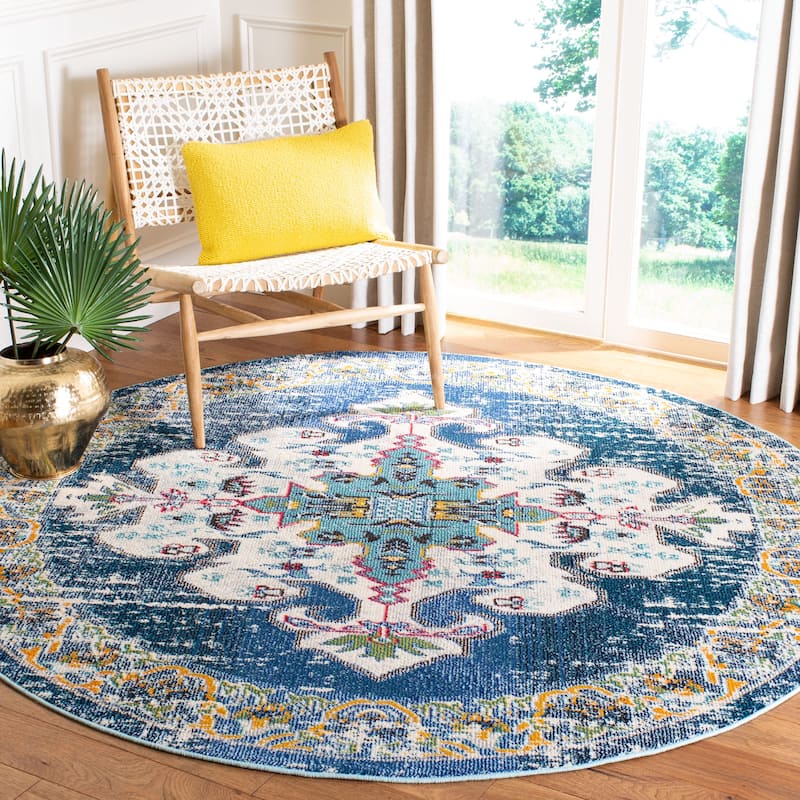 SAFAVIEH Madison Marilou Boho Medallion Distressed Area Rug - 6'7" Round - Navy/Grey