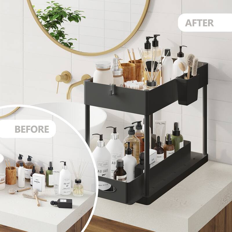 Empyrean 2 Tier Under Kitchen Sink Organizer with Sliding Drawer-Bathroom Cabinet Organizer with Utility Hooks and Side Caddy