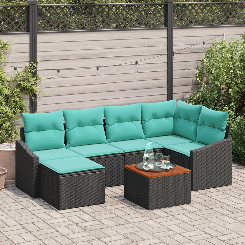 vidaXL 7 Garden Sofa Set with Cushions Black/Grey Poly Rattan - 91.9 x 48.6 x 27.2 - Black