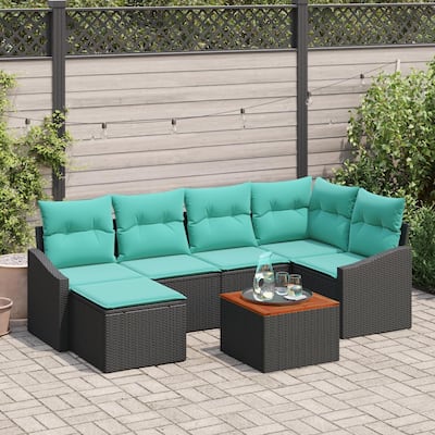 vidaXL 7 Piece Garden Sofa Set with Cushions Black Poly Rattan Acacia - 91.9×48.6×27.2