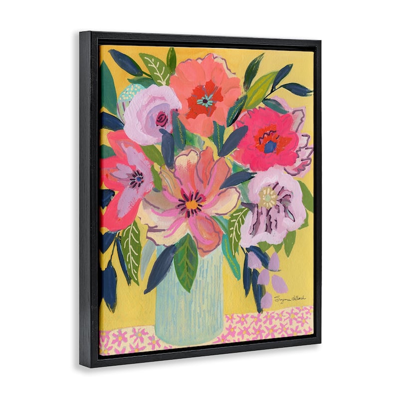 Stupell Vibrant Pink Bouquet on Yellow Framed Floater Canvas Wall Art Design By Suzanne Allard
