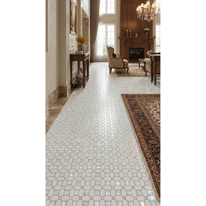 Thassos White Marble Octagon Mosaic Tile With Mother Of Pearl Inlay - Case (10 Sheets)