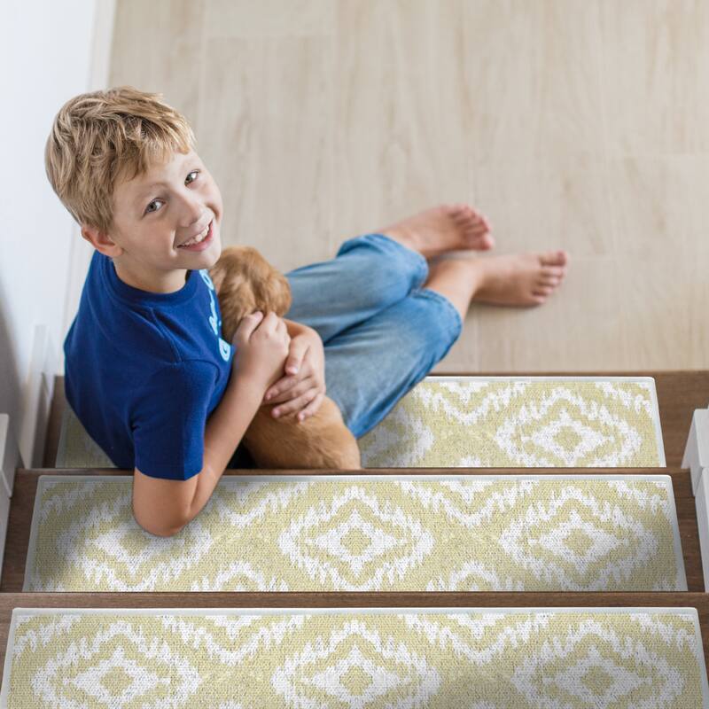 SussexHome Tetra One Design 9" X 28" Stair Treads - 70% Cotton Anti-Slip Carpet Strips for Stairs-with Double Adhesive Tape - 7 PACK - Banana Cream Yellow