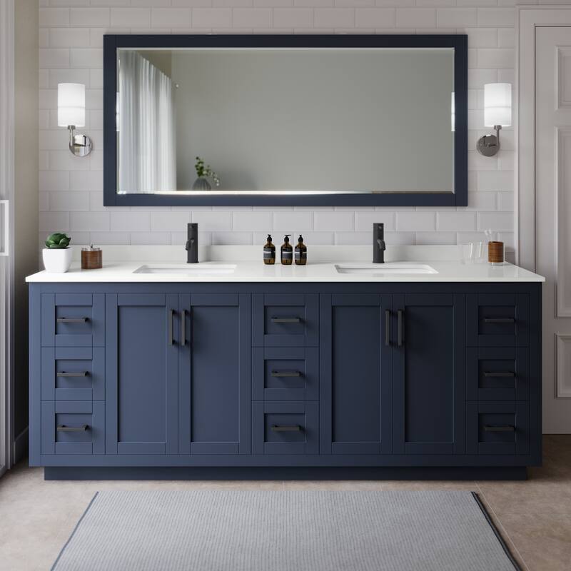 Wyndham Collection WCF292984D-QTZ-UNSMXX Miranda 84" Free Standing - Dark Blue / White Quartz Top / Matte Black
