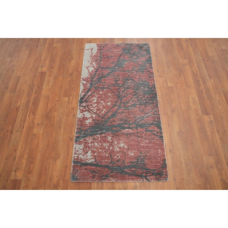 Hand Knotted Oriental Viscose Silk Carpet Modern All-Over Oranges & Rust Abstract Runner Rug - 4' 7'' X 2' 4''