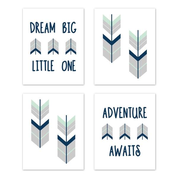 slide 2 of 6, Sweet Jojo Designs Grey Navy Blue Mint Woodland Mod Arrow Collection Wall Decor Art Prints (Set of 4) - Dream Big