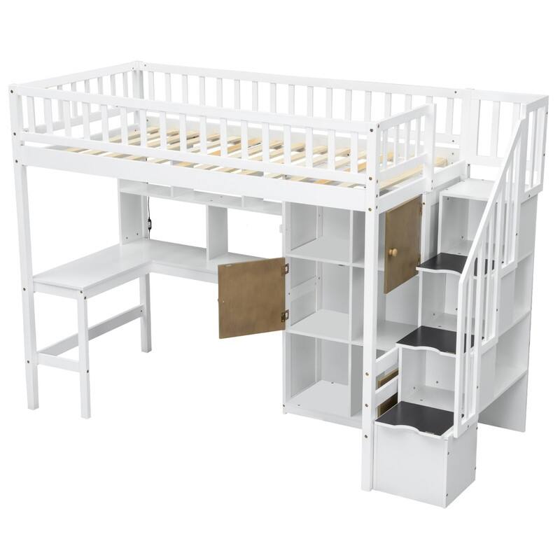Wood Twin Size Loft Bed with Built-in Desk, LED, Storage Shelves, Cabinets and Staircase