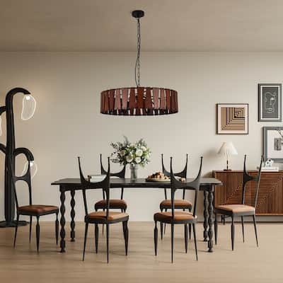 6 - Light Industrial Wood Chandelier, Retro Circular Ring Design with Iron Chain - Matte Black