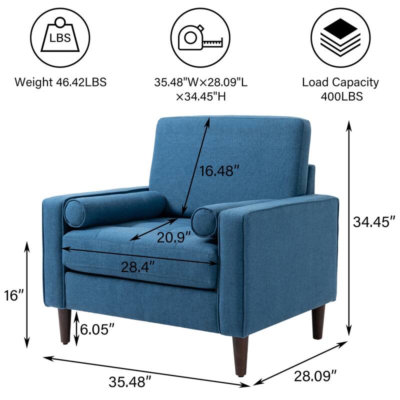 35.48" Cotton Linen Square Arm Tufted Club Chair