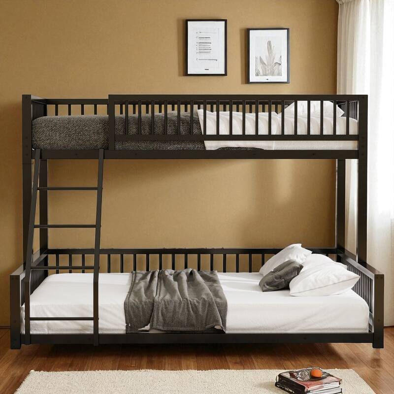 Metal Twin XL/Full XL over Queen Bunk Bed Frame with Ladder, Safety Rails, Space-Saving Floor Design - Black - Twin XL