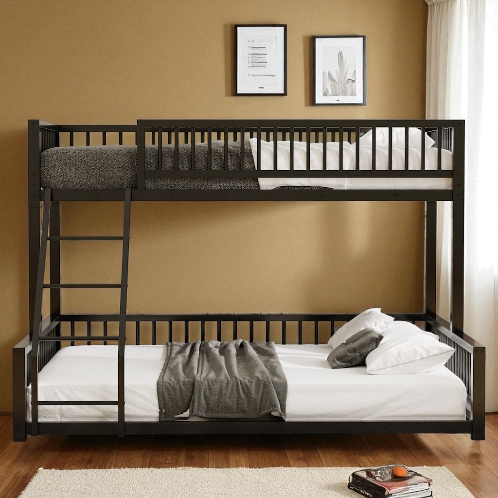 Metal Twin XL/Full XL over Queen Bunk Bed Frame with Ladder, Safety Rails, Space-Saving Floor Design