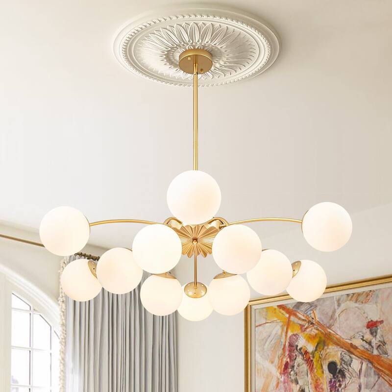 Mid-Century 12-Light Milky Glass Globe Sputnik Ceiling Light - 39in - Brass - Pendant & Semi Flush Mount