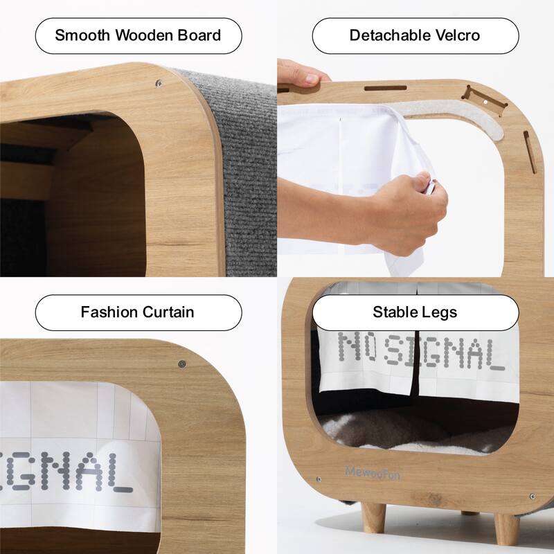 Wooden TV-Shaped Cat Bed, Cat House with Cushion