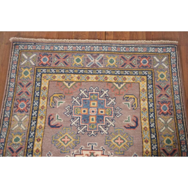 Brown Geometric Kazak Accent Rug Wool Carpet - 2'9" x 4'1"