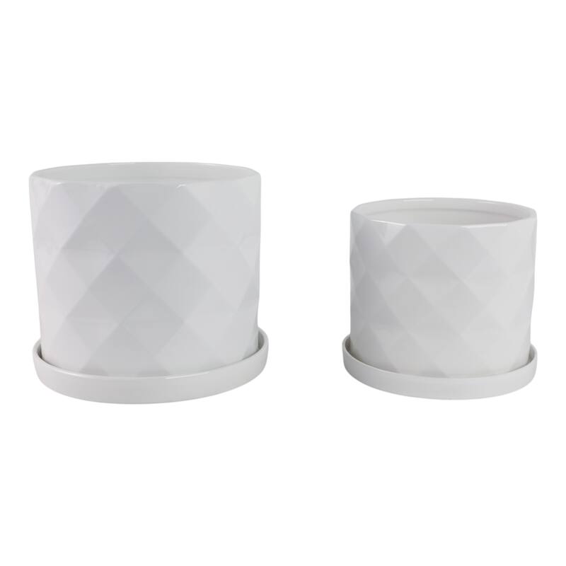 Ceramic Saucer Planters Geometric Finish (Set of 2) - 10", 9" White - 11.75" x 11.75" x 10.25" - 11.75" x 11.75" x 10.25" - White