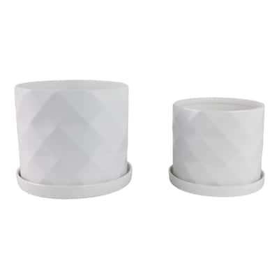 Ceramic Saucer Planters Geometric Finish (Set of 2) - 10", 9" White - 11.75" x 11.75" x 10.25"
