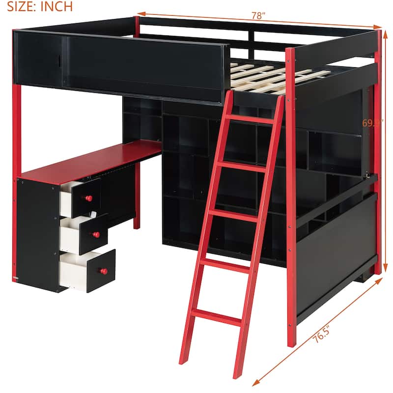 RGB Gaming Loft Bed with Desk, Light Strip, Display Wall, Storage Shelves, Sliding Access Door and Drawers, No Box Spring Needed