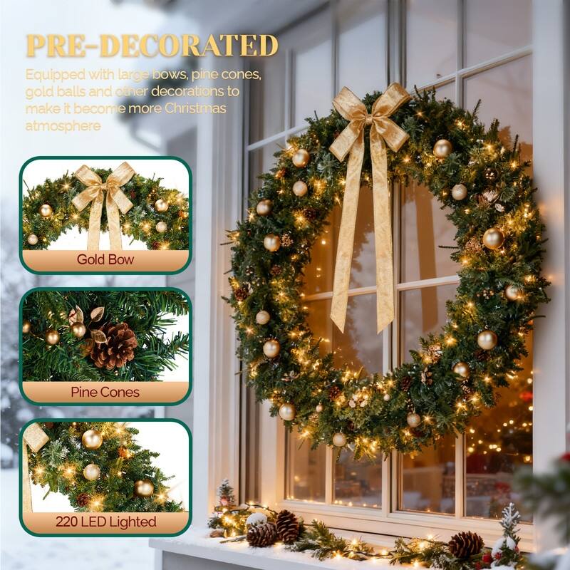 4Pre-lit Christmas Wreath with Warm White Lights and DIY Ornaments for Front Door Gate Wall Xmas Party Decorations