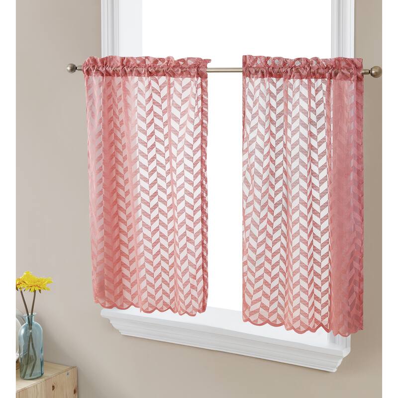 HLC.me Herringbone Lace Sheer Kitchen Cafe Curtain Tiers Swags Valance for Small Windows & Bathroom - Tiers - 30 W x 36 L per panel - Set of 2 - Blush Pink