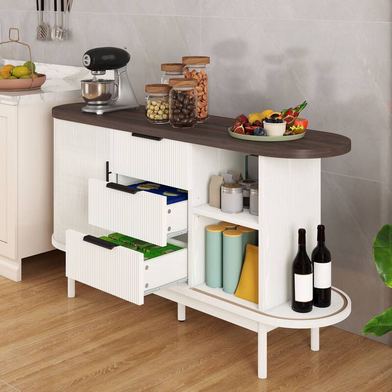 Moasis 55" Mid-Century Modern Fluted Sideboard Coffee Bar Storage Cabinet w/3 Drawers and Sliding Doors