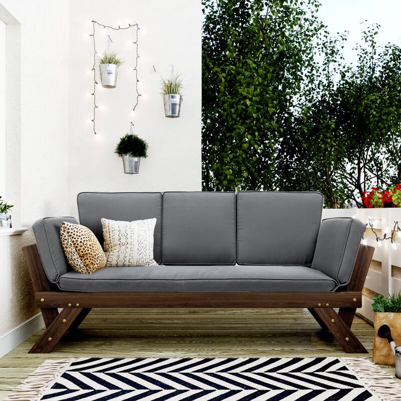 Outdoor Solid Wood Daybed Sofa with Adjustable Armrests - Gray