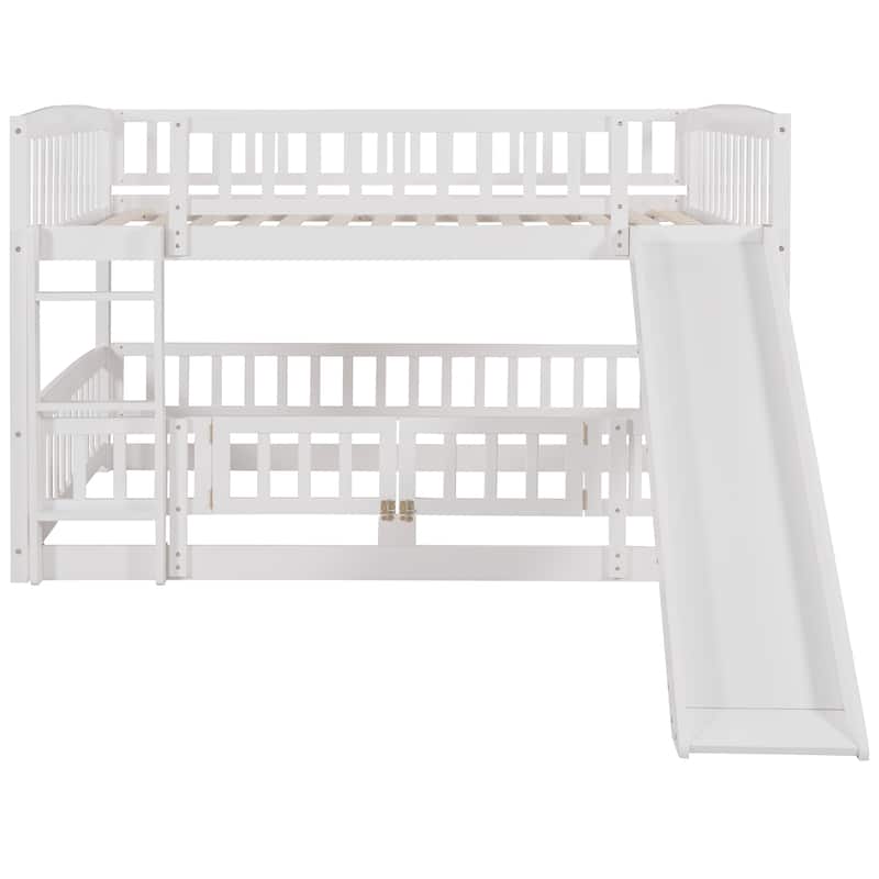 White Pine Wood Bunk Bed with Convertible Slide, Ladder, and Fence Door