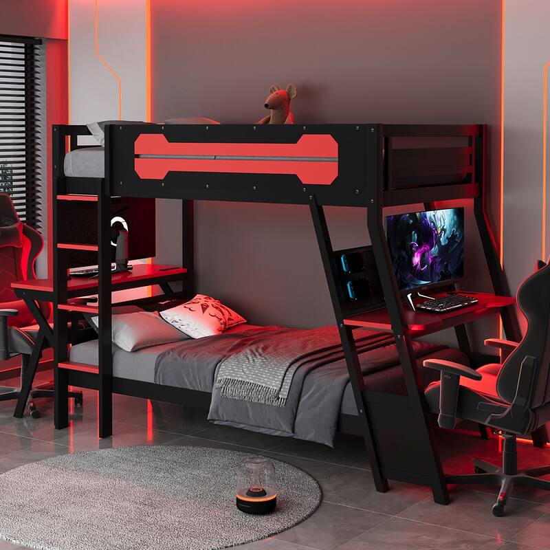 Roomfitters Twin Bunk Bed with Two Built-In Gaming Desks, USB Ports and Pegboard