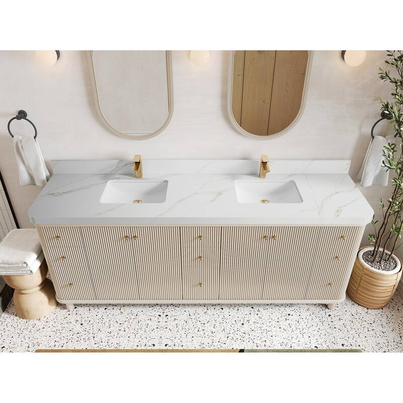 Willow Collections 84 in. W x 22 in. D Reeded Miami Double Bowl Sink Bathroom Vanity with Countertop - 2"Calacatta Sienna - Fine Grain