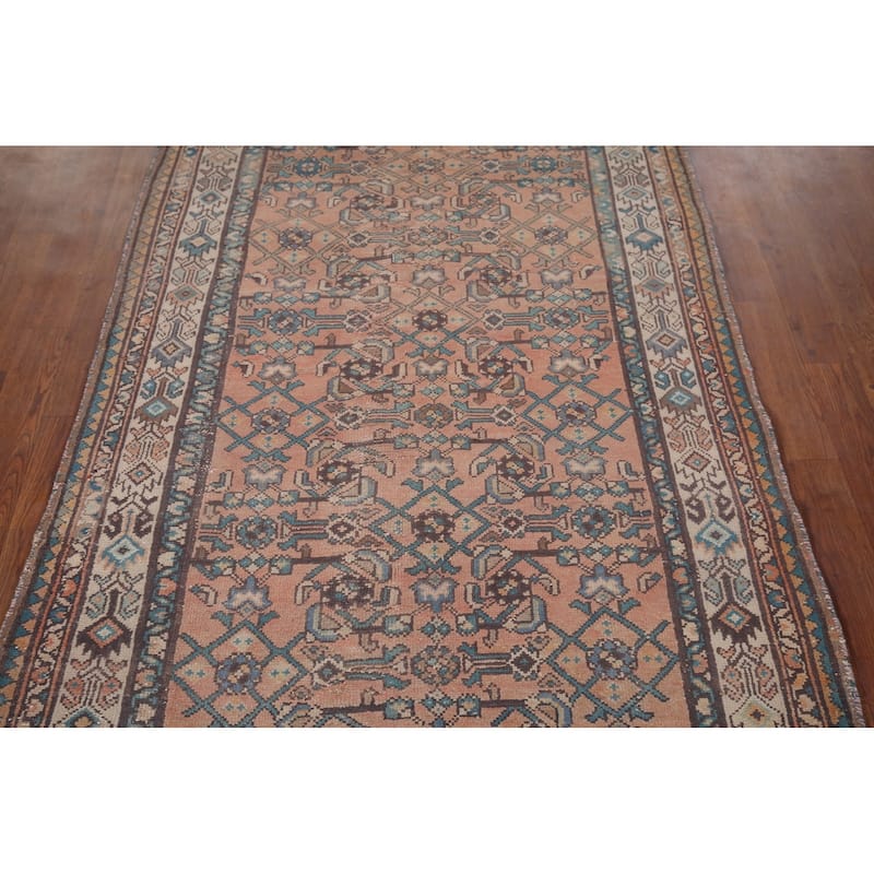 Geometric Hamedan Vintage Persian Runner Rug Handmade Wool Carpet - 3'9" x 8'8"