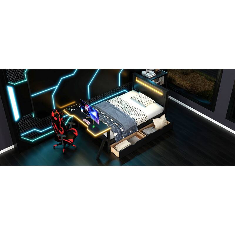 Roomfitters Twin/Full Wooden Gaming Platform Bed with LED Headboard, Desk and Drawers, Black