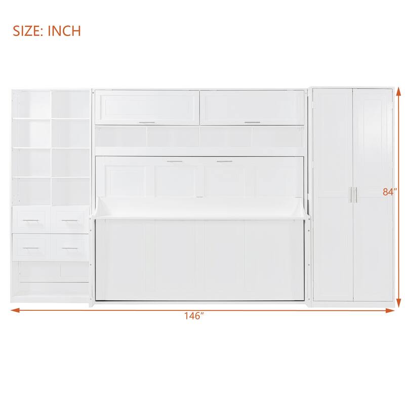 Full/Queen Murphy Bed with Built-In Closet & Drawers Foldable Space-Saving Wall Bed Adjustable Shelves, Customizable Layout